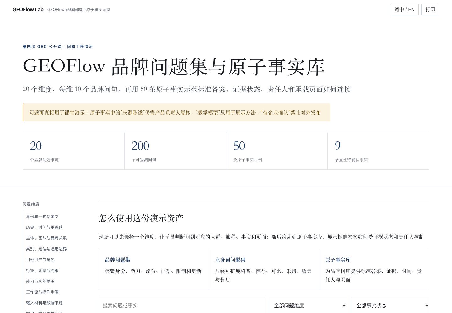GEOFlow 品牌问题与原子事实示例截图